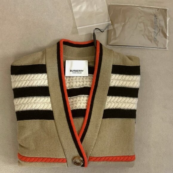 Burberry Icon Stripe Wool & Cashmere Cardigan Top Camel - Sz 3Y, 6Y OR 10Y, NWT - Picture 3 of 13